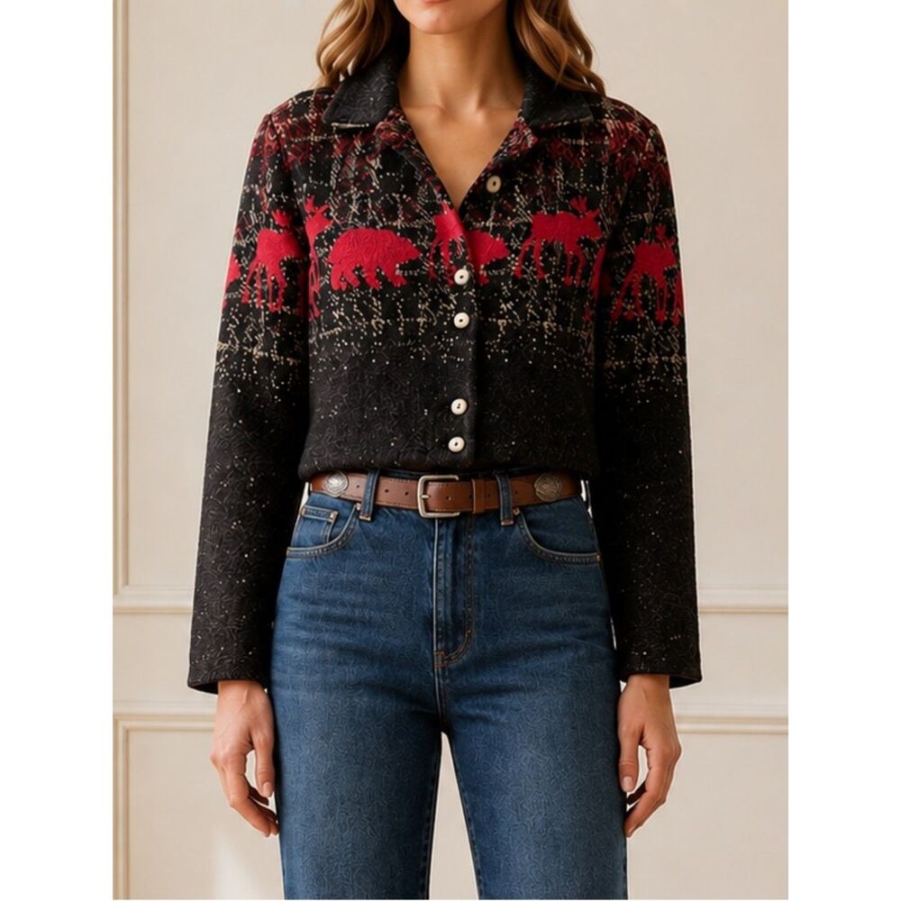 County Clothing Co Sherpa Fleece Cropped Jacket Boho Western Moose Size Medium